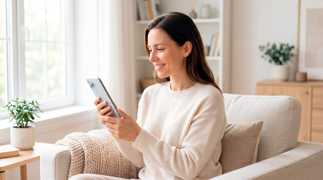 Mulher sorrindo ao encontrar um psicólogo pelo celular