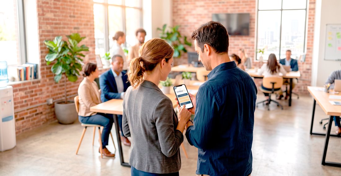 Duas pessoas em ambiente comercial olhando para o site do OrbitaPsi na tela de um celular